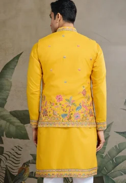 Embroidered Cotton Kurta with Jacket in Yellow