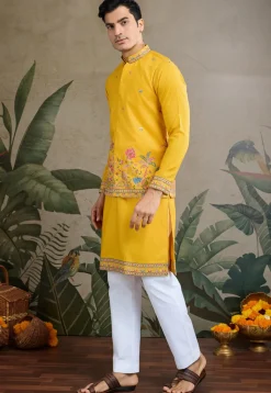 Embroidered Cotton Kurta with Jacket in Yellow