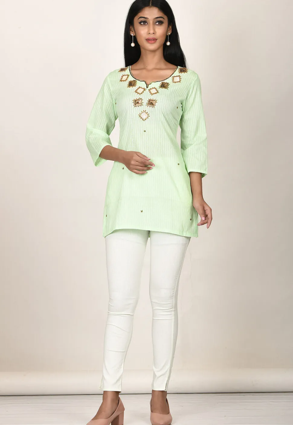 Embroidered Cotton Kurti in Light Green