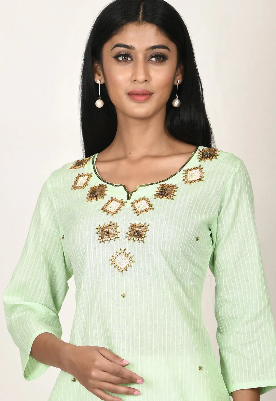 Embroidered Cotton Kurti in Light Green