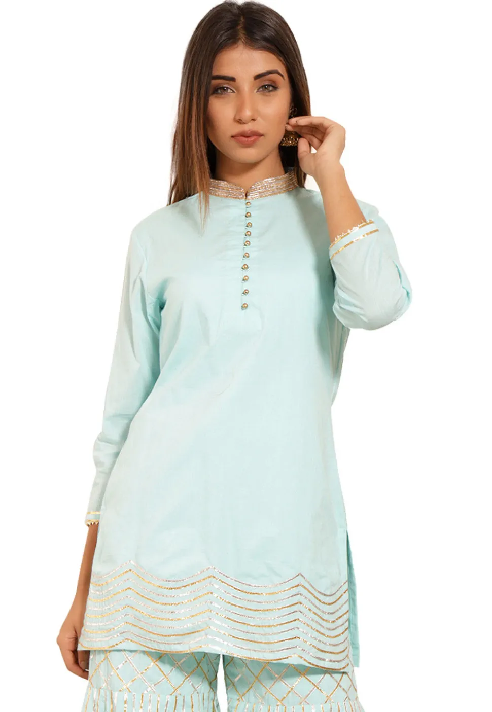 Embroidered Cotton Kurti in Sky Blue