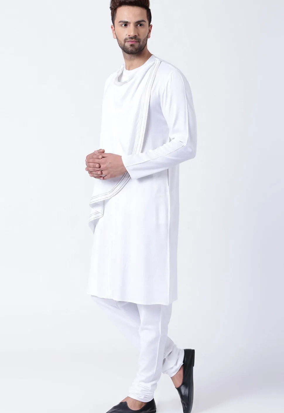 Embroidered Cotton Layered Kurta Set in White