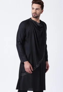 Embroidered Cotton Layered Kurta in Black