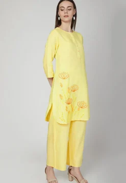 Embroidered Cotton Linen Kurta with Palazzo in Yellow
