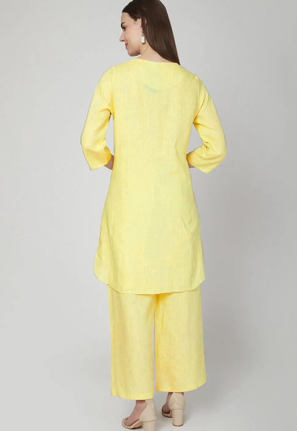 Embroidered Cotton Linen Kurta with Palazzo in Yellow