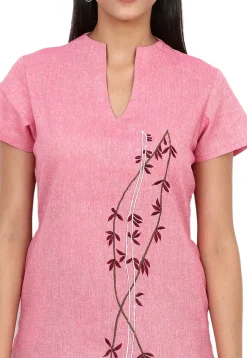 Embroidered Cotton Linen Straight Kurta in Pink
