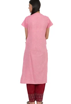 Embroidered Cotton Linen Straight Kurta in Pink