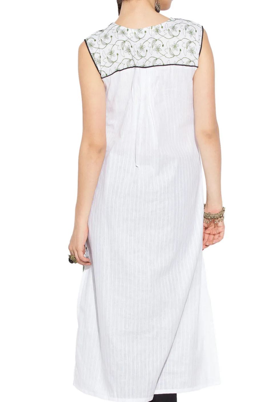 Embroidered Cotton Long Kurta in White