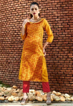 Embroidered Cotton Long Kurta In Mustard