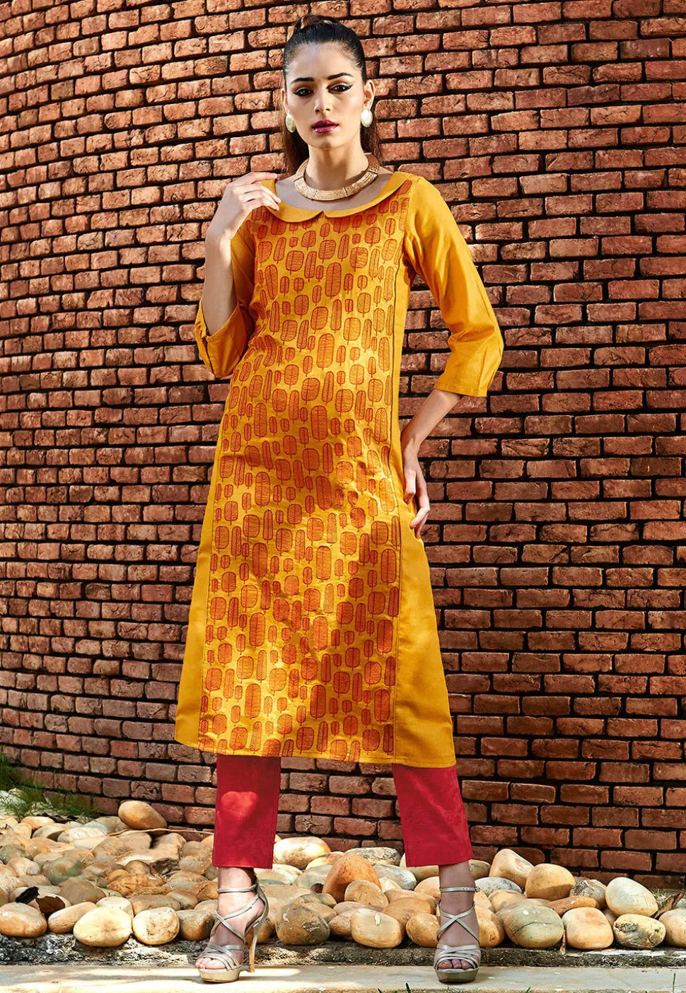 Embroidered Cotton Long Kurta In Mustard