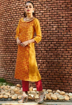 Embroidered Cotton Long Kurta In Mustard
