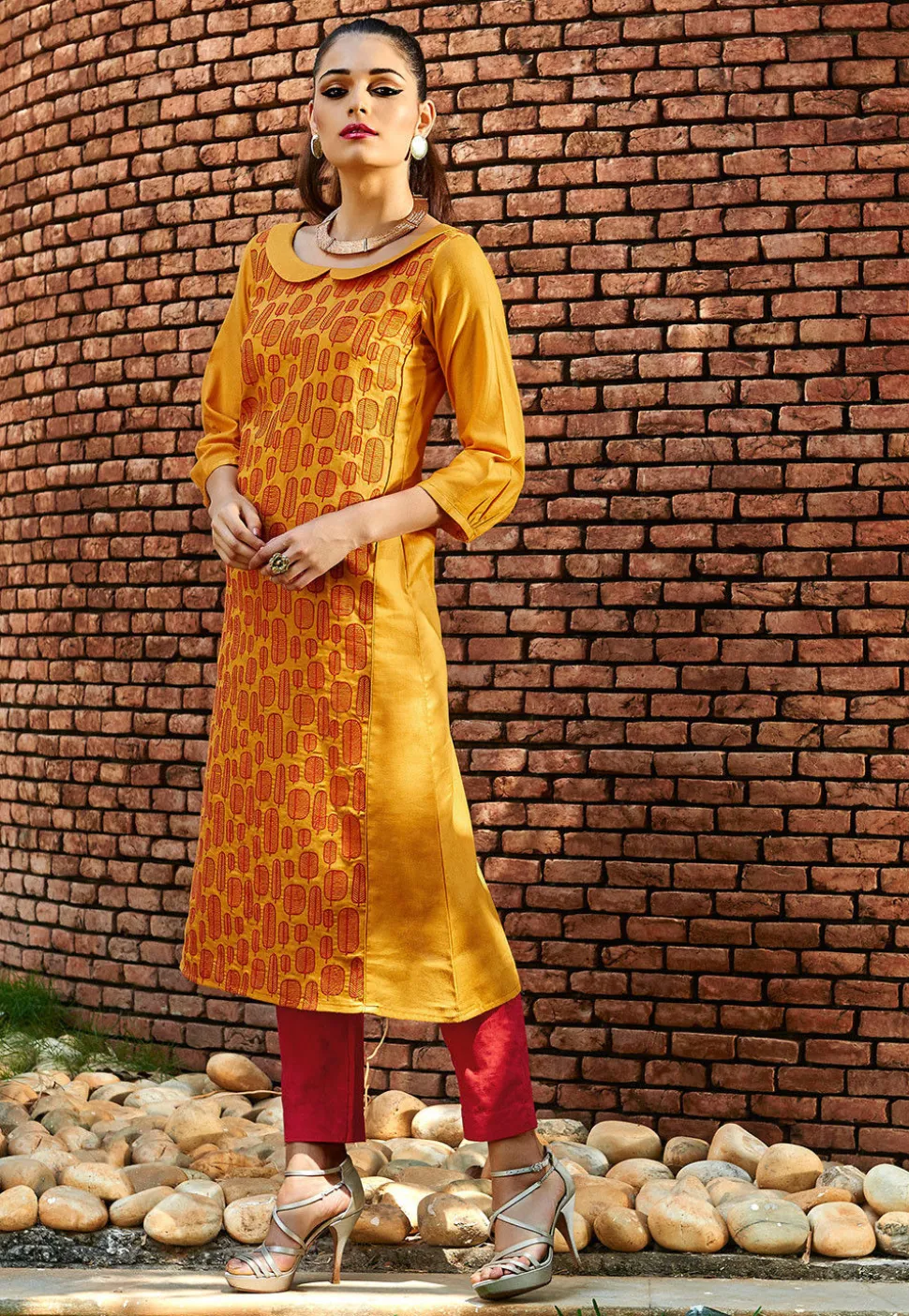 Embroidered Cotton Long Kurta In Mustard