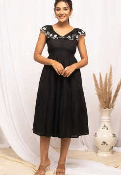 Embroidered Cotton Midi Dress in Black