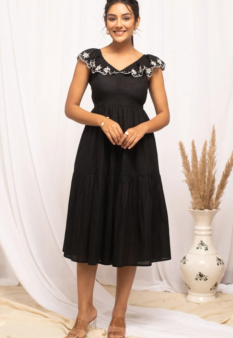Embroidered Cotton Midi Dress in Black