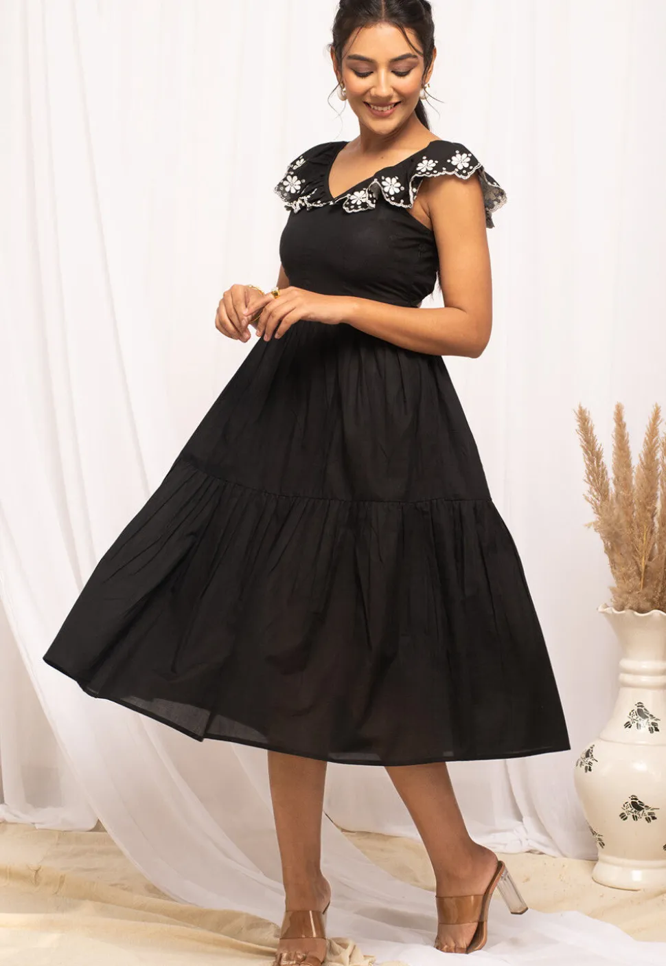 Embroidered Cotton Midi Dress in Black