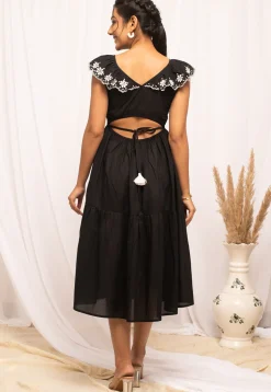 Embroidered Cotton Midi Dress in Black