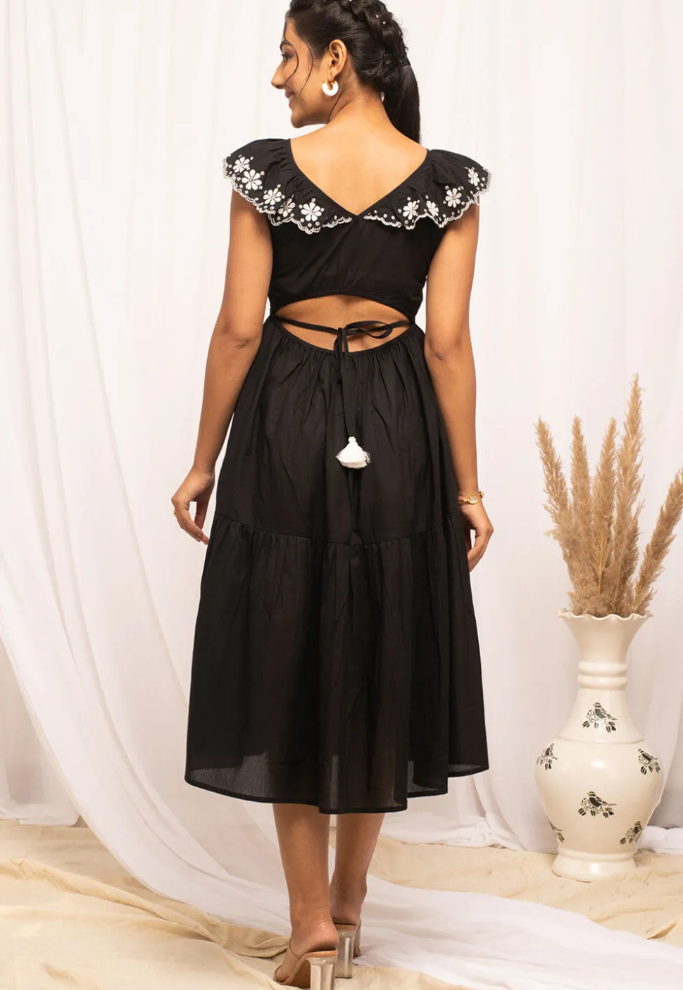 Embroidered Cotton Midi Dress in Black