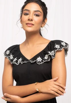 Embroidered Cotton Midi Dress in Black