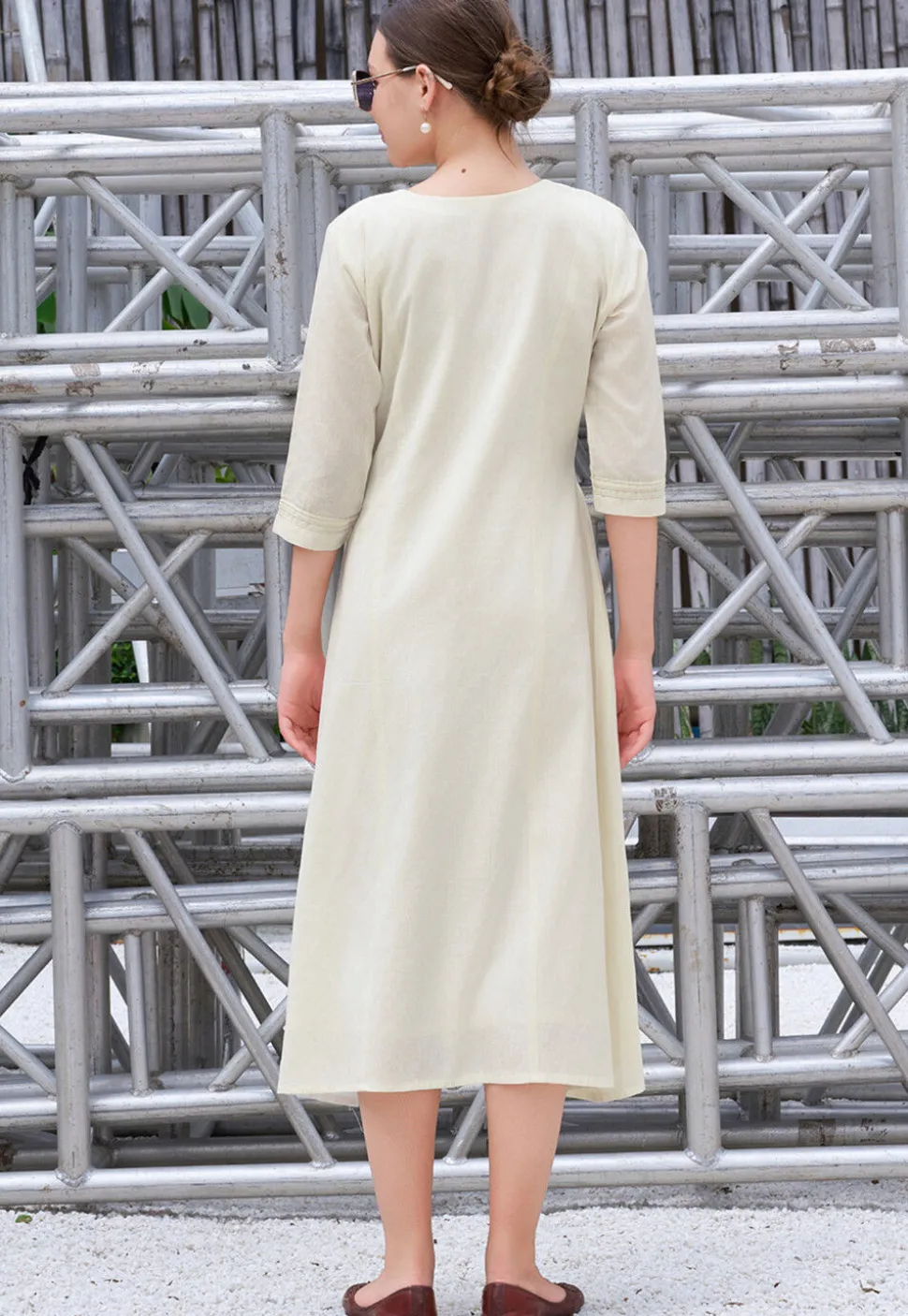 Embroidered Cotton Midi Dress in Off White