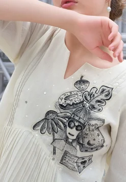 Embroidered Cotton Midi Dress in Off White