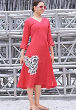Embroidered Cotton Midi Dress in Coral Pink