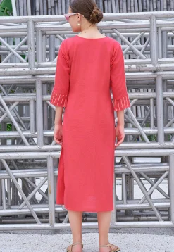 Embroidered Cotton Midi Dress in Coral Pink