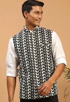 Embroidered Cotton Nehru Jacket in Black