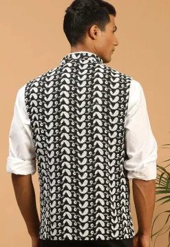 Embroidered Cotton Nehru Jacket in Black