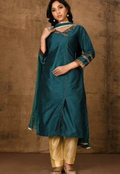 Embroidered Cotton Pakistani Suit in Dark Teal Green