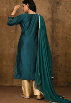 Embroidered Cotton Pakistani Suit in Dark Teal Green