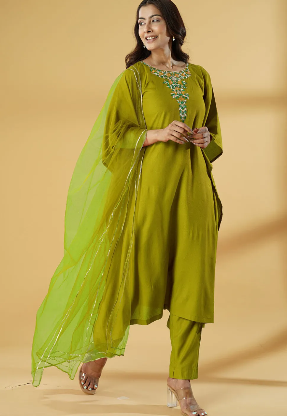 Embroidered Cotton Pakistani Suit in Olive Green