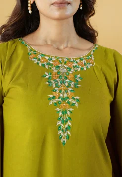 Embroidered Cotton Pakistani Suit in Olive Green
