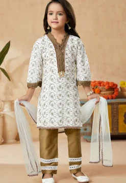 Embroidered Cotton Pakistani Suit in Off White