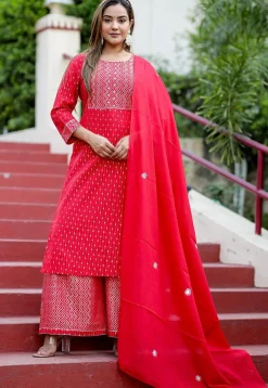 Embroidered Cotton Pakistani Suit in Red