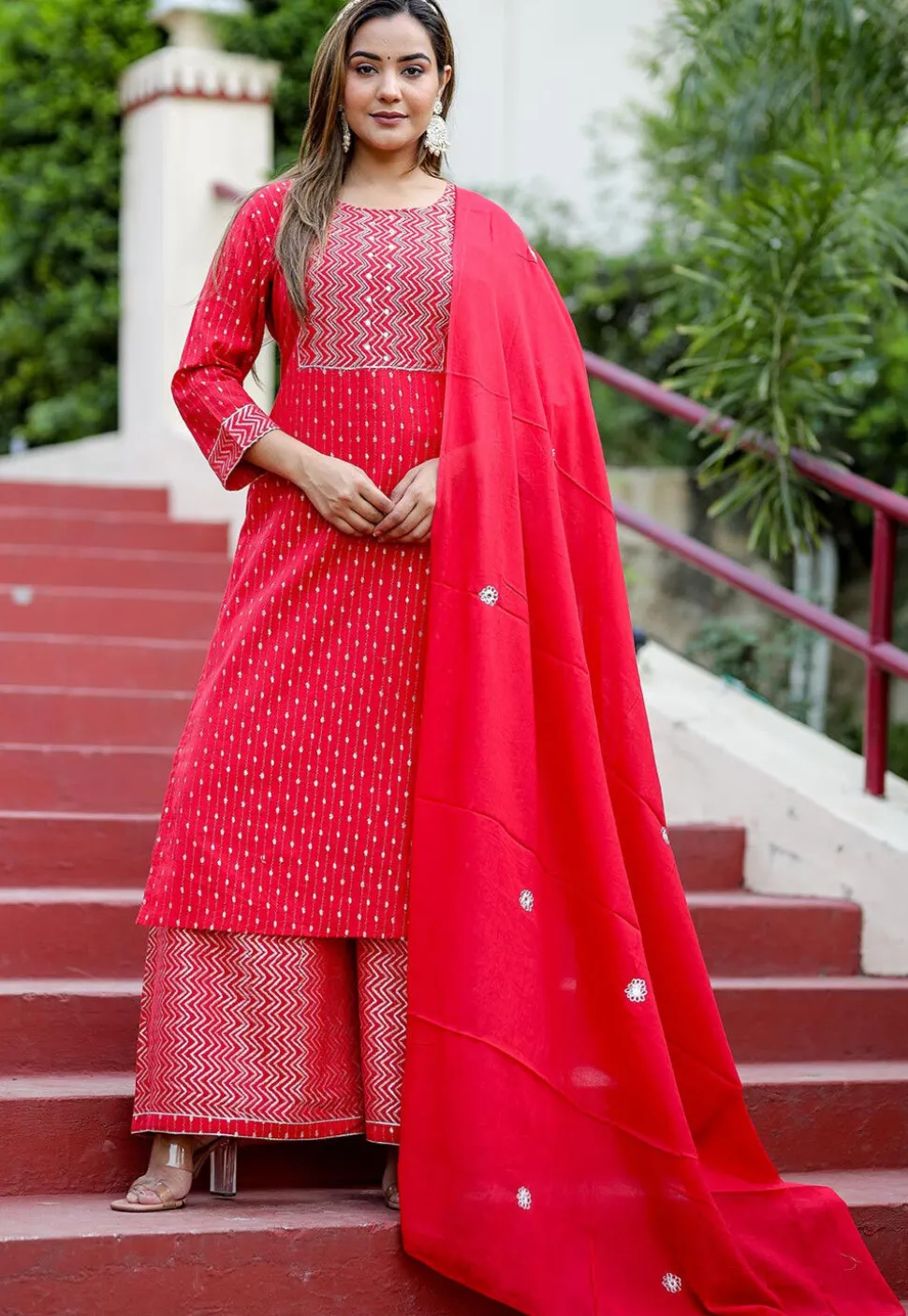 Embroidered Cotton Pakistani Suit in Red