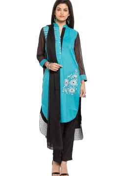 Embroidered Cotton Pakistani Suit in Sky Blue and Black