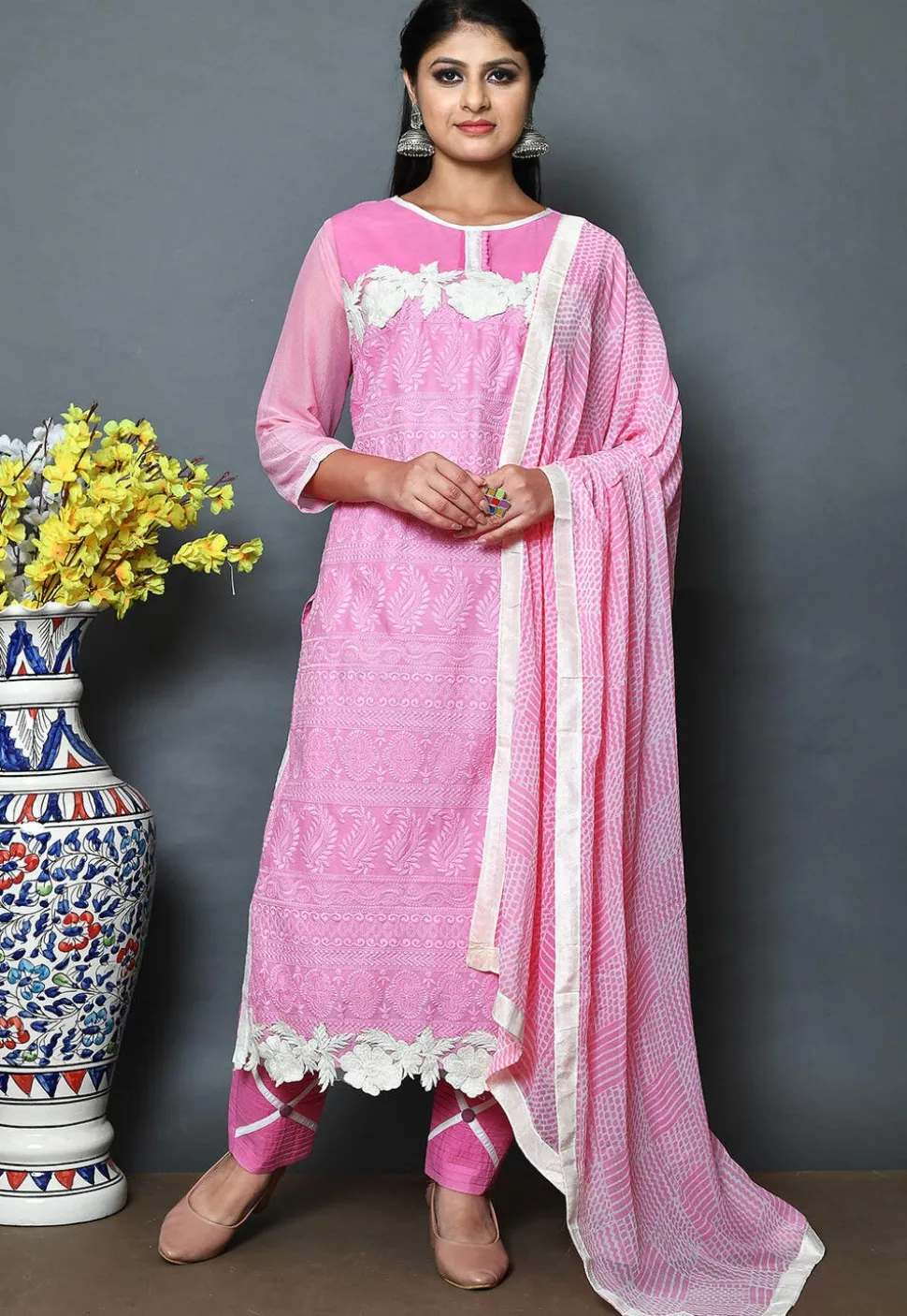 Embroidered Cotton Pakistani Suit in Pink