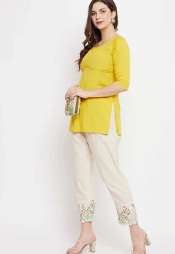Embroidered Cotton Pant in Light Beige