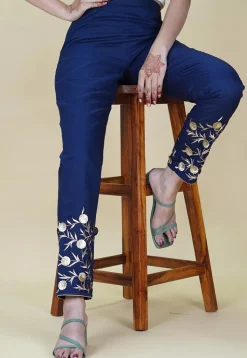 Embroidered Cotton Pant in Navy Blue