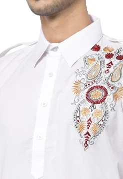 Embroidered Cotton Pathani Suit in White