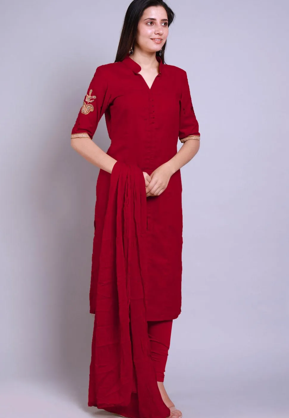 Embroidered Cotton Princess Cut Straight Suit in Red