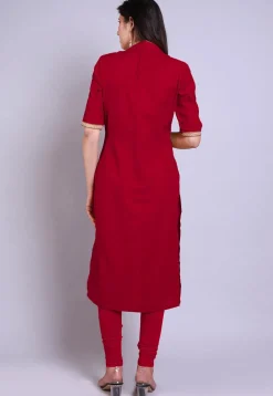Embroidered Cotton Princess Cut Straight Suit in Red