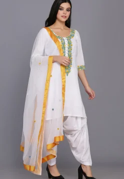 Embroidered Cotton Punjabi Suit in White
