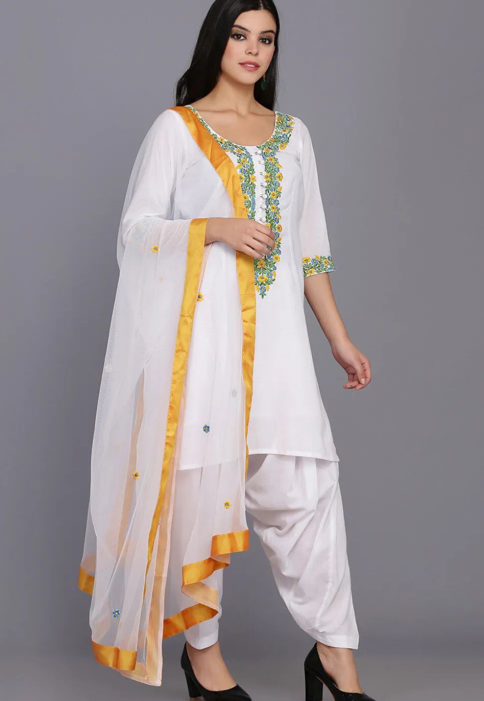Embroidered Cotton Punjabi Suit in White