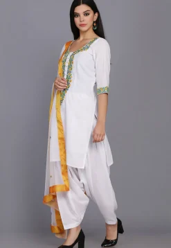 Embroidered Cotton Punjabi Suit in White