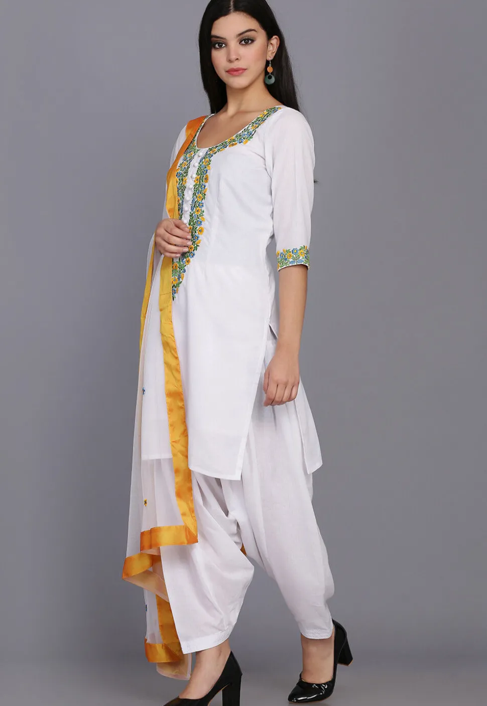 Embroidered Cotton Punjabi Suit in White