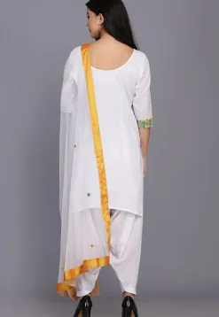 Embroidered Cotton Punjabi Suit in White