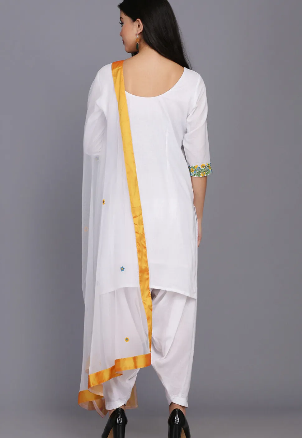 Embroidered Cotton Punjabi Suit in White
