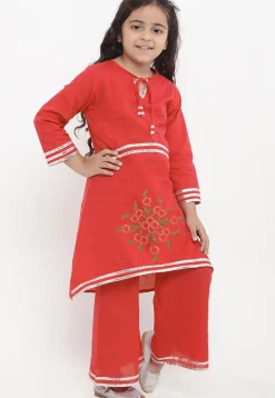 Embroidered Cotton Rayon A Line Kurta Set in Red