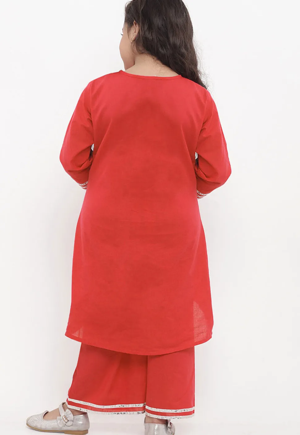 Embroidered Cotton Rayon A Line Kurta Set in Red